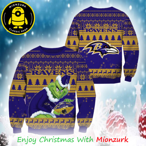 Grinch Baltimore Ravens Football NFL 2025 Christmas Ugly Sweater For Family