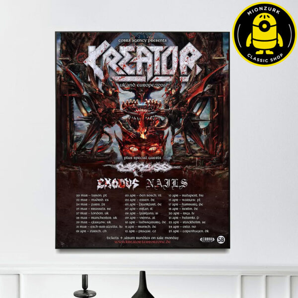 Kreator With Carcass Exodus And NAILS Event Poster UK And Europe Tour 2026 Dates List Home Decor Poster Canvas