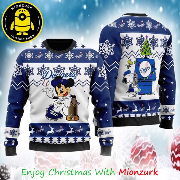 Los Angeles Dodgers Mickey Mouse And Snoopy Cheap Moment 2025 Ugly Xmas Sweater