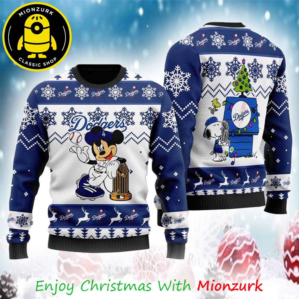 Los Angeles Dodgers Mickey Mouse And Snoopy Cheap Moment 2025 Ugly Xmas Sweater