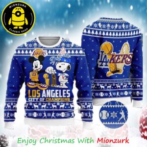 Mickey Mouse And Snoopy Cheap Moment Los Angeles Dodgers And Los Angeoles Lakers 2025 Ugly Xmas Sweater