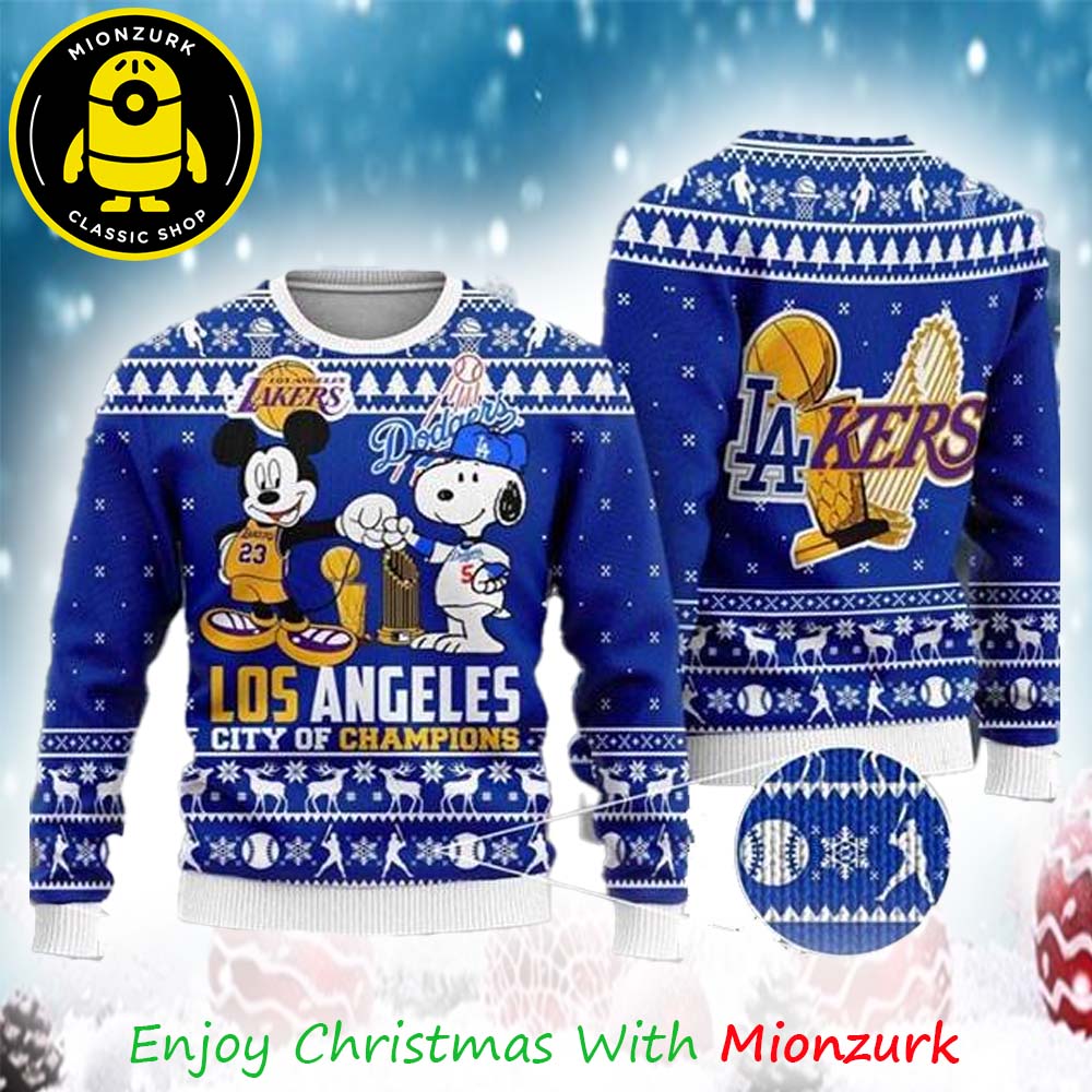 Mickey Mouse And Snoopy Cheap Moment Los Angeles Dodgers And Los Angeoles Lakers 2025 Ugly Xmas Sweater