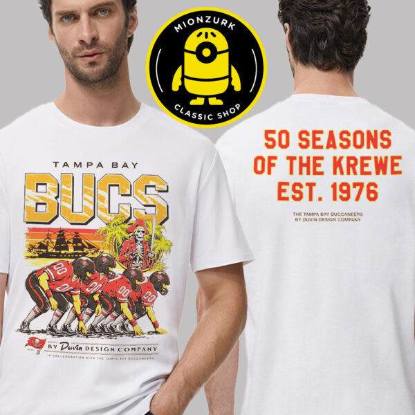 Tampa Bay Buccaneers Duvin Designs Co 50 Seasons Of The Krewe Pirate Two Sided Unisex T-Shirt