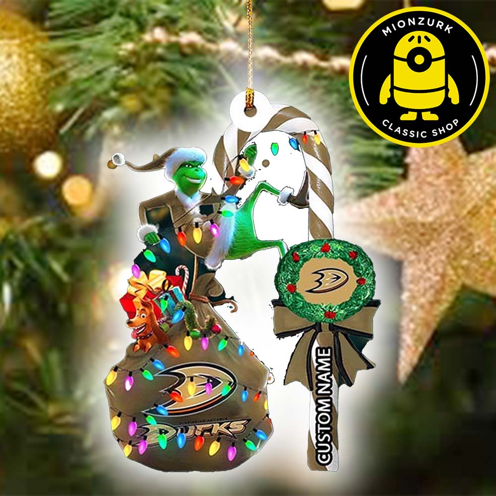 Anaheim Ducks NHL Grinch Candy Cane Custom Name Xmas Gifts Christmas Tree Ornament Anaheim Ducks NHL Grinch Candy Cane Custom Name Xmas Gifts Christmas Tree Ornament