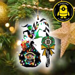 Boston Bruins NHL Grinch Candy Cane Custom Name Xmas Christmas Ornament