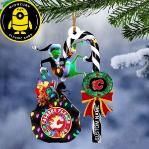 Calgary Flames NHL Grinch Candy Cane Custom Name Xmas Ornament