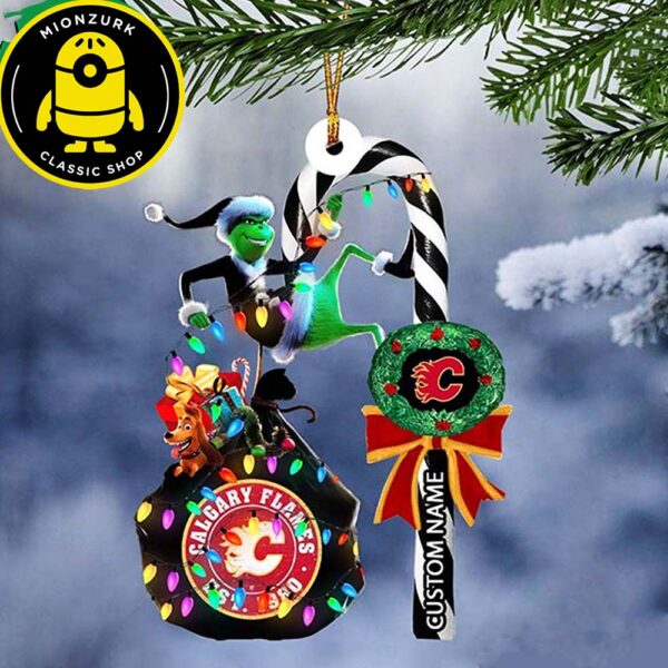 Calgary Flames NHL Grinch Candy Cane Custom Name Xmas Ornament