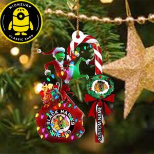 Chicago Blackhawks NHL Grinch Candy Cane Custom Name Xmas Gifts Ornament