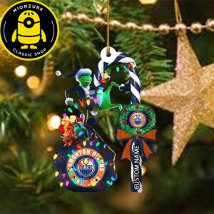 Edmonton Oilers NHL Grinch Candy Cane Custom Name Xmas Gifts Christmas Ornament